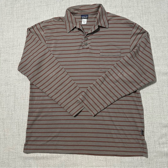 Patagonia Striped Organic Cotton Long Sleeve Polo Pocket Shirt Mens Size Large - Picture 1 of 6